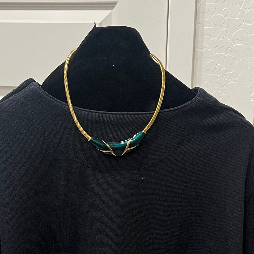 Gold-Tone Collar Necklace with Emerald Green Enamel Accent
